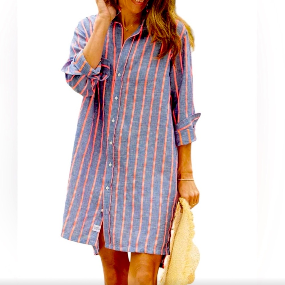 Frank & Eileen Medium Hunter Shirt Dress Button Neon Pink Blue Stripe Linen
